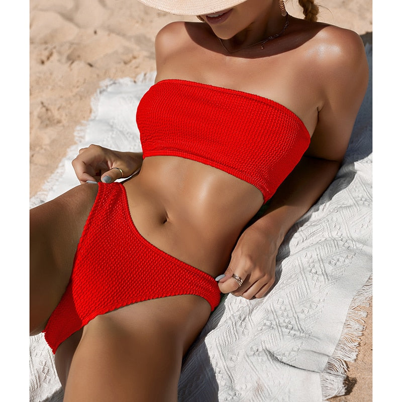 Riseado Sexy One Shoulder Bikini Textured Swimwear Women 2022 High Cut Swimsuit Women Bathing Suits Solid Brazilian Bikinis Set