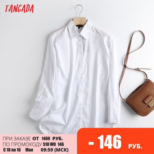 Tangada Women Retro Oversized White Cotton Blouse Long Sleeve Chic Female Casual Loose Shirt Blusas Femininas 6D109