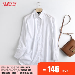 Tangada Women Retro Oversized White Cotton Blouse Long Sleeve Chic Female Casual Loose Shirt Blusas Femininas 6D109