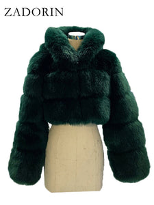 ZADORIN High Quality Furry Cropped Faux Fur Coats and Jackets Women Fluffy Top Coat with Hooded Winter Fur Jacket manteau femme