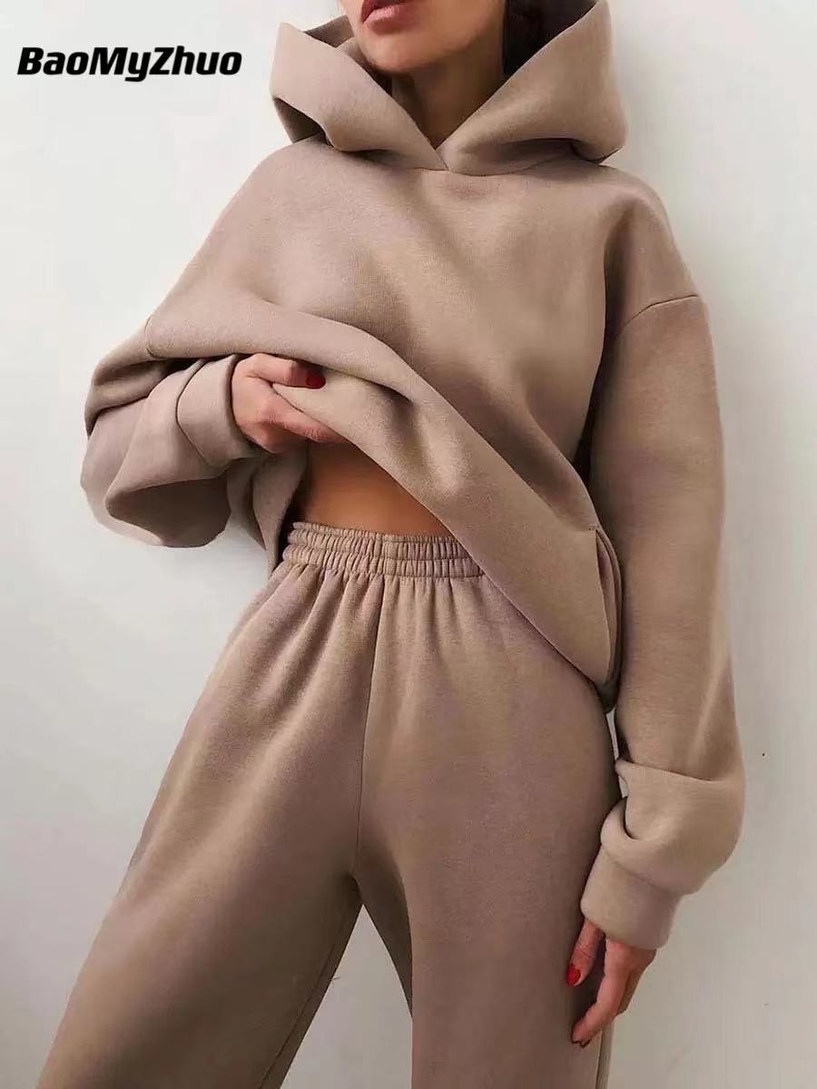 Winter Two Piece Sets Women Tracksuit Oversized Suit 2021 Autumn Trouser Suits Female Sweatshirt Solid Sports Hoodie Sportswear