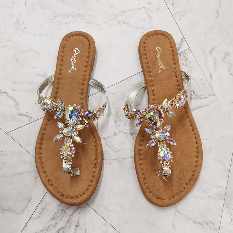 2022 New Sandals Women Gladiator Summer Shoes Diamond Buckle Fashion Female Sandal Roman Rhinestones Flat Woman&#39;s Casual Shoes