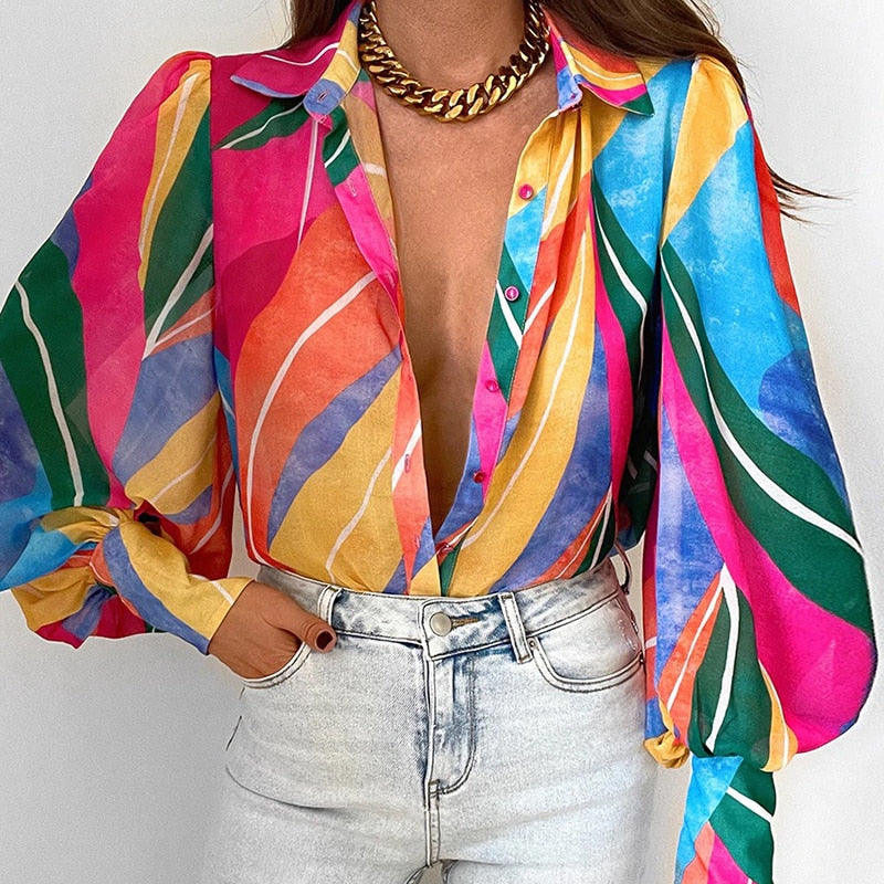 Spring Fashion Women Shirt Lantern Long Sleeves Casual Solid Color Printed Slim Buttons V Neck Blouse Commute High Street Shirts