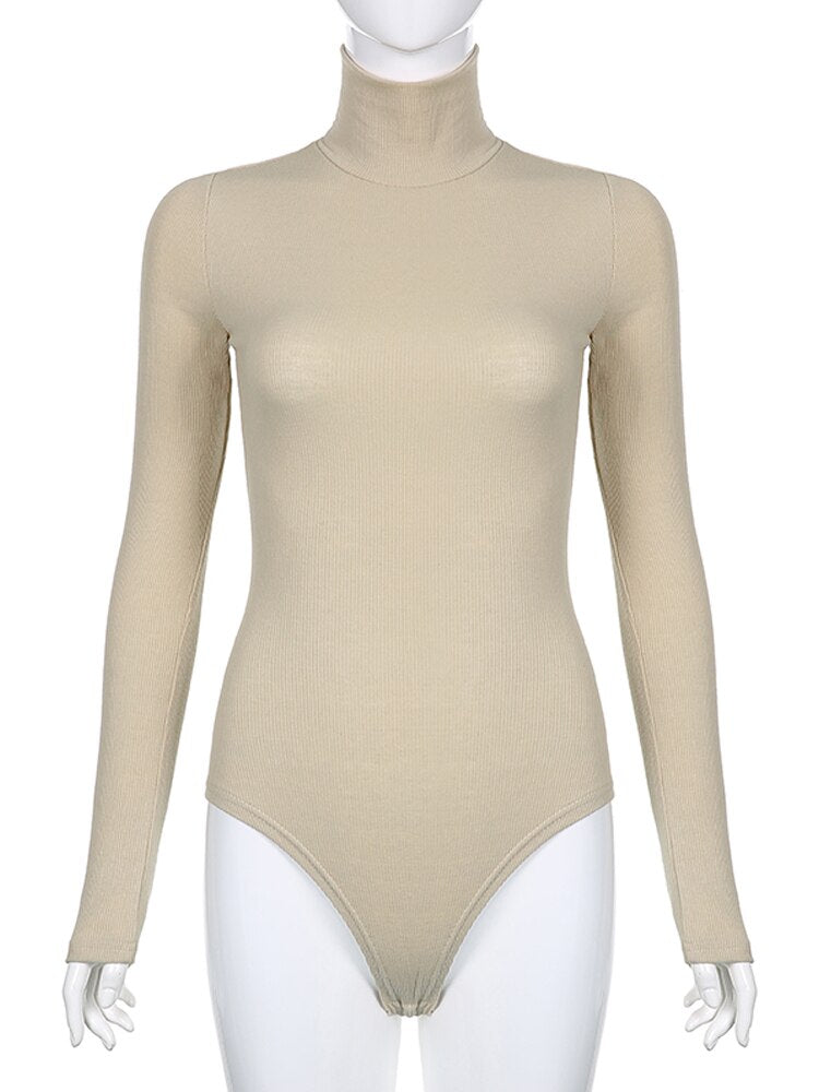 Darlingaga Casual Solid Skinny Turtleneck Long Sleeve Bodysuit Warm Basic Woman Body Fall Winter High Neck Sheer Bodysuits Slim