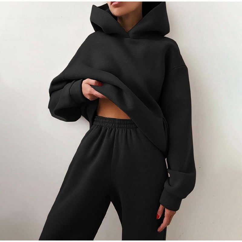 Women&#39;s Tracksuit Casual Solid Long Sleeve Hooded Sport Suits Autumn Warm Hoodie Sweatshirts and Long Pant Fleece Two Piece Sets