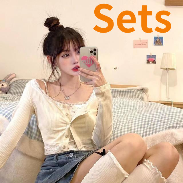 Sets Women Fresh Chic Summer Female Two Piece Single Breasted Cardigan Sexy Girlish Crops Camisole Tender Streetwear Holiday New