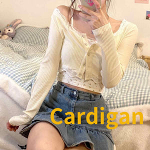 Sets Women Fresh Chic Summer Female Two Piece Single Breasted Cardigan Sexy Girlish Crops Camisole Tender Streetwear Holiday New