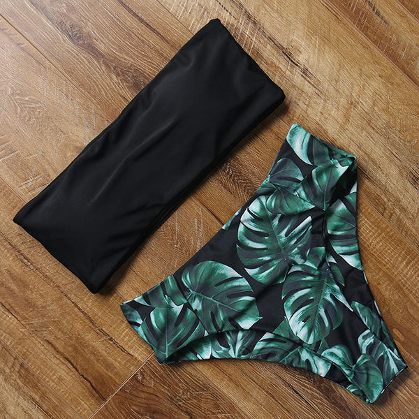 Sexy Floral Bikini Set 2022 Swimsuit Mujer High Waist Bathing Suit Black Swimwear Women Push-Up Leaf Bandeau Brazilian Biquini