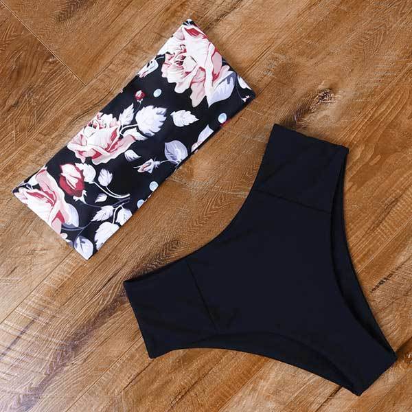 Sexy Floral Bikini Set 2022 Swimsuit Mujer High Waist Bathing Suit Black Swimwear Women Push-Up Leaf Bandeau Brazilian Biquini