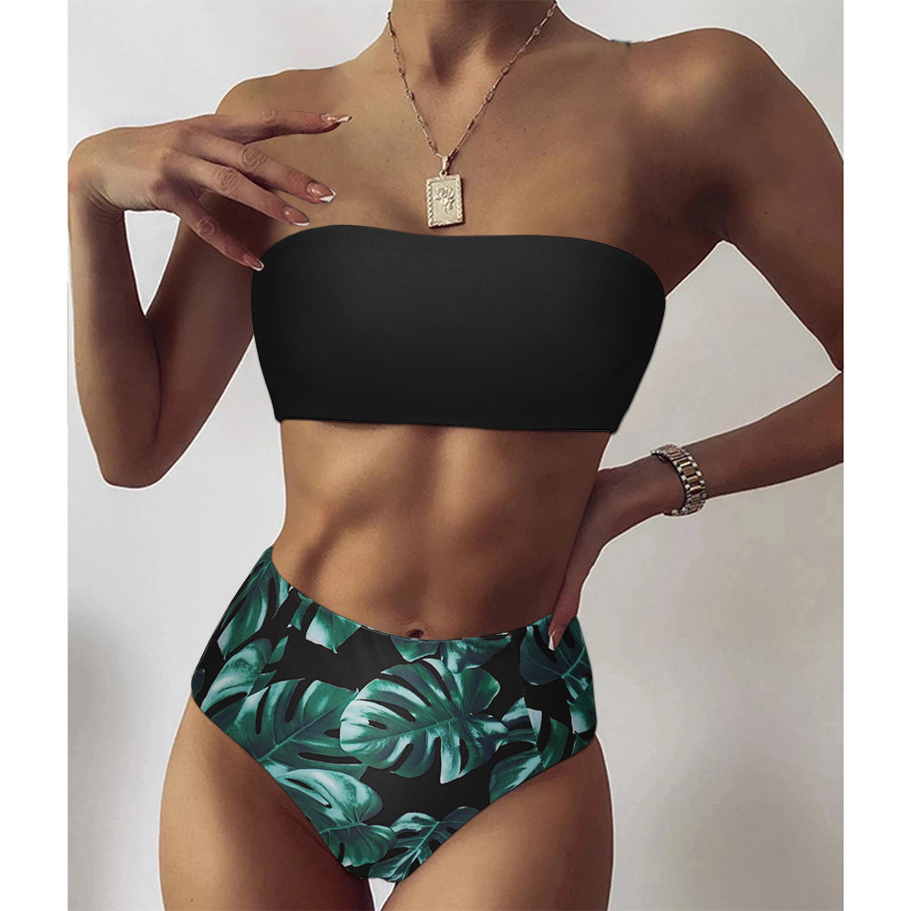 Sexy Floral Bikini Set 2022 Swimsuit Mujer High Waist Bathing Suit Black Swimwear Women Push-Up Leaf Bandeau Brazilian Biquini