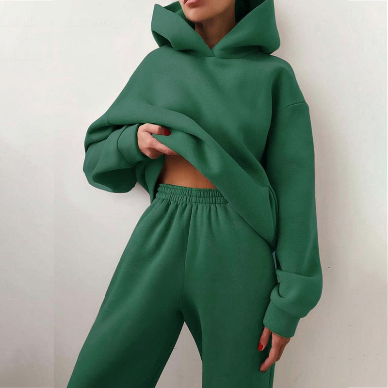 Women&#39;s Tracksuit Casual Solid Long Sleeve Hooded Sport Suits Autumn Warm Hoodie Sweatshirts and Long Pant Fleece Two Piece Sets