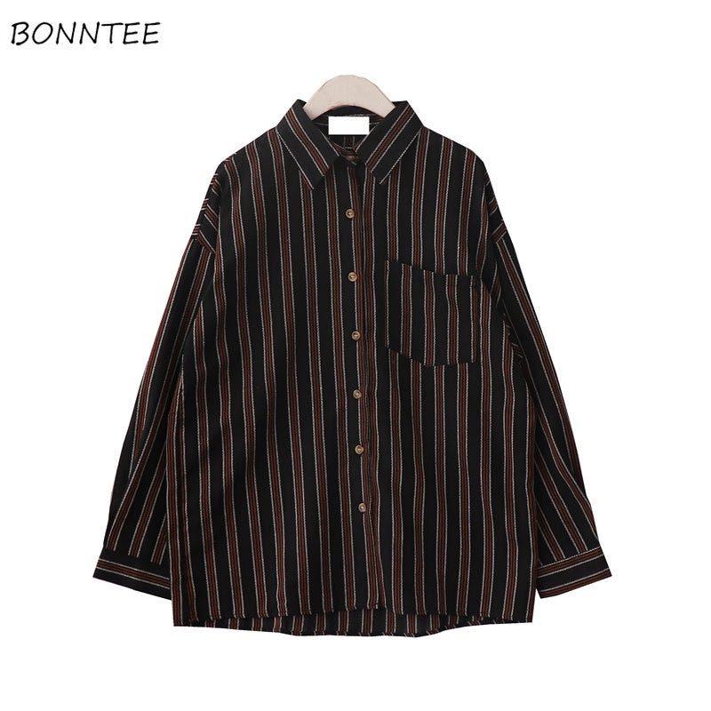 Shirts Women Elegant BF Couple Clothes Temperament Loose Leisure Striped Womens Shirt Korean Style Turn-down Collar Pockets Chic