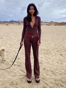 Sibybo Long Sleeve Ribbed Jumpsuits For Women Brown Button Wide Legs Jumpsuit Romper 2021 Femme Autumn Winter Casual Overalls