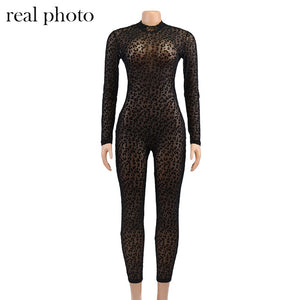 Simenual Animal Instinct Mesh Bodystocking Leopard See Through Velour Long Sleeve Rompers Womens Jumpsuit Sexy Midnight Clubwear