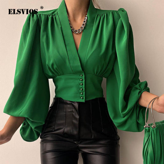 Spring Fashion Women Shirt Lantern Long Sleeves Casual Solid Color Printed Slim Buttons V Neck Blouse Commute High Street Shirts