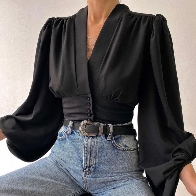 Spring Fashion Women Shirt Lantern Long Sleeves Casual Solid Color Printed Slim Buttons V Neck Blouse Commute High Street Shirts