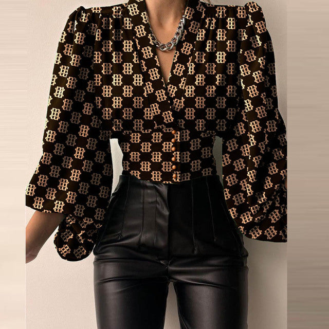 Spring Fashion Women Shirt Lantern Long Sleeves Casual Solid Color Printed Slim Buttons V Neck Blouse Commute High Street Shirts