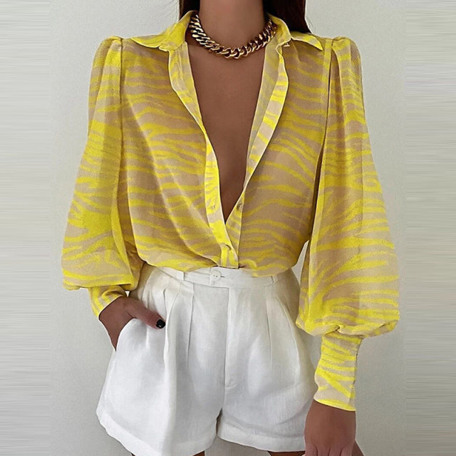 Spring Fashion Women Shirt Lantern Long Sleeves Casual Solid Color Printed Slim Buttons V Neck Blouse Commute High Street Shirts