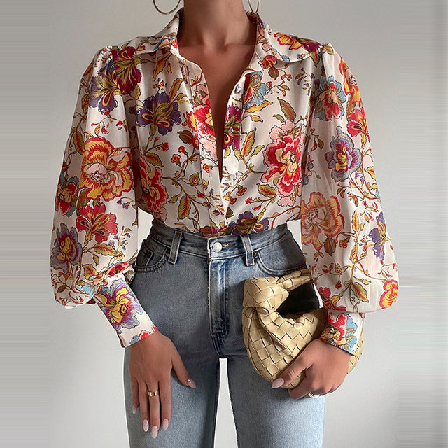 Spring Fashion Women Shirt Lantern Long Sleeves Casual Solid Color Printed Slim Buttons V Neck Blouse Commute High Street Shirts