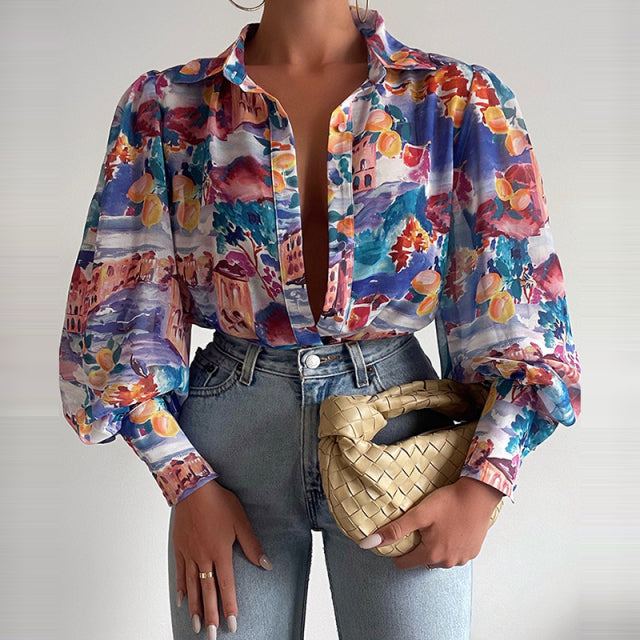 Spring Fashion Women Shirt Lantern Long Sleeves Casual Solid Color Printed Slim Buttons V Neck Blouse Commute High Street Shirts