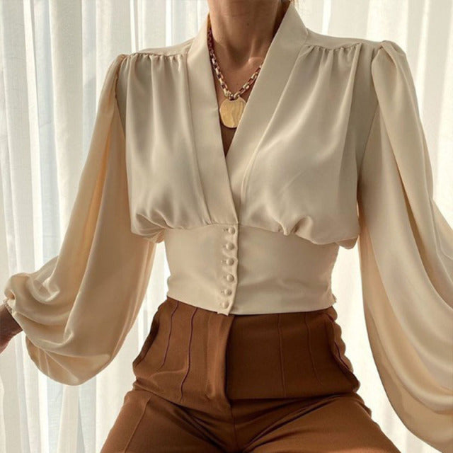 Spring Fashion Women Shirt Lantern Long Sleeves Casual Solid Color Printed Slim Buttons V Neck Blouse Commute High Street Shirts