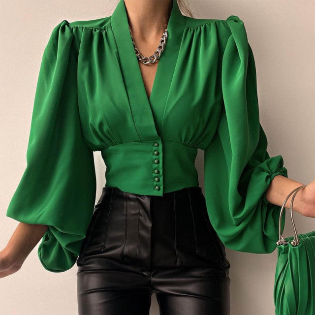 Spring Fashion Women Shirt Lantern Long Sleeves Casual Solid Color Printed Slim Buttons V Neck Blouse Commute High Street Shirts