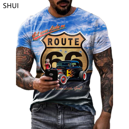 Summer New Mens T Shirts Oversized Loose Clothes Vintage Short Sleeve Fashion 66 Letters Printed O Collared Tshirts Route 66 Men