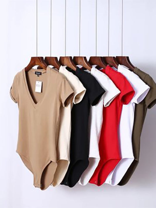 Summer New Solid Color Sexy Big V-neck Slim Slimming One-Piece Short-Sleeved T-Shirt Women&#39;s One-Piece Retro Shirt Dropshipping