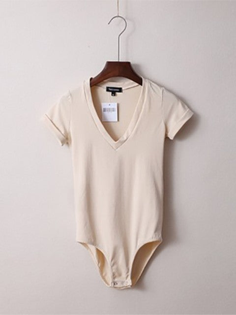 Summer New Solid Color Sexy Big V-neck Slim Slimming One-Piece Short-Sleeved T-Shirt Women&#39;s One-Piece Retro Shirt Dropshipping