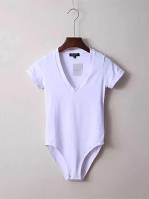 Summer New Solid Color Sexy Big V-neck Slim Slimming One-Piece Short-Sleeved T-Shirt Women&#39;s One-Piece Retro Shirt Dropshipping