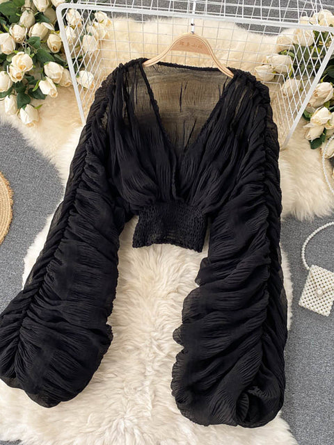 Summer Sexy Draped Chiffon Blouse For Women Elegant V-Neck Puff Long Sleeve Short Tops Female Slim Party Shirts 2022 New Fashion