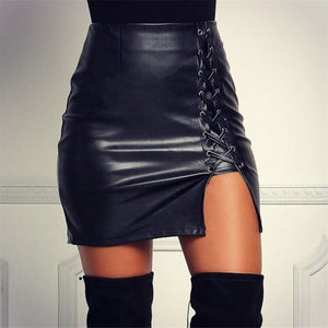 Summer Sexy Girls Above Knee Black PU Leather Mini Skirts Spring Women High Waist Bodycon Front Split Elegant Short Skirt DS334