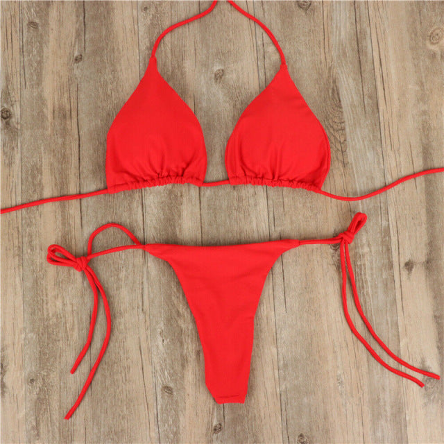 Summer Sexy Solid Mirco Bikini Sets Women Tie Side G-String Thong Swimsuit Female Bandage Bathing Suit Brazlian Swimwear Biquini