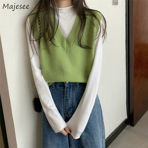 Sweater Vest Women Solid Autumn Winter All-match Leisure Outerwear Knitted V-Neck Sleeveless Female Elegant Chic Simple Harajuku