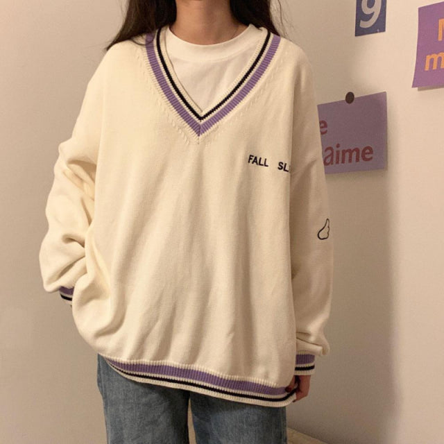 Sweaters Women Ulzzang Letter Chic Vintage V-neck Daily Oversize Girls Pullovers Student Fall Casual All-match Ins Women Sweater