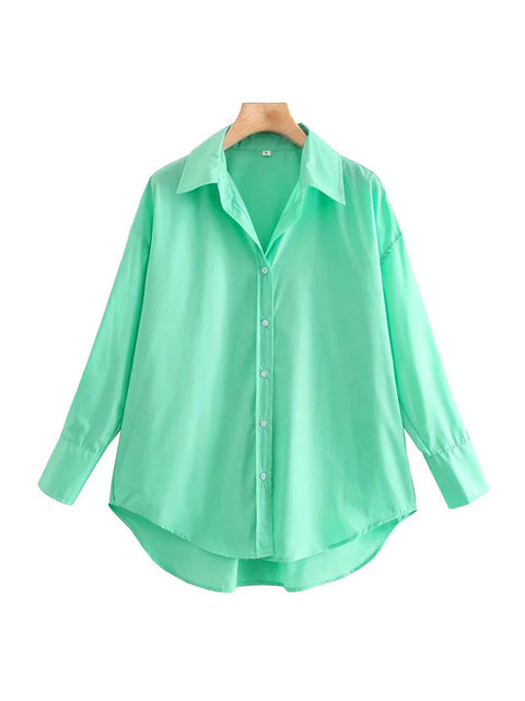 TRAF Women Fashion Loose Asymmetry Poplin Blouses Vintage Long Sleeve Button-up Female Shirts Blusas Chic Tops