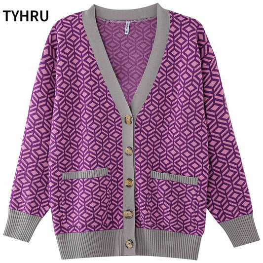 TYHRU Women&#39;s Knitting Sweater Color Matching Diamond Lattice Single-Breasted Buttons Loose Casual Knitted Cardigan Sweaters