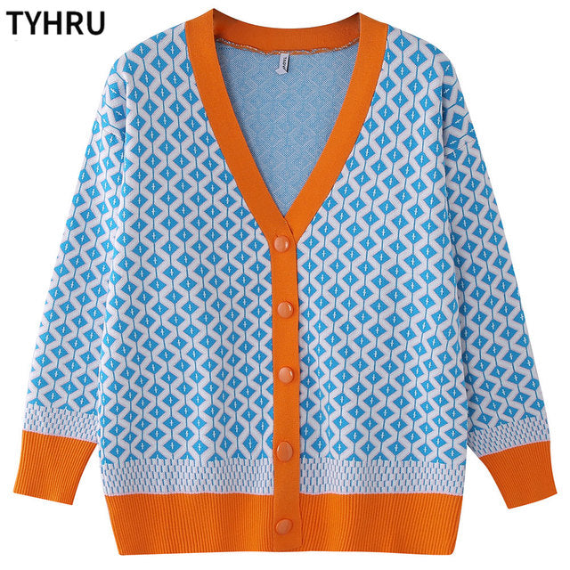TYHRU Women&#39;s Knitting Sweater Color Matching Diamond Lattice Single-Breasted Buttons Loose Casual Knitted Cardigan Sweaters
