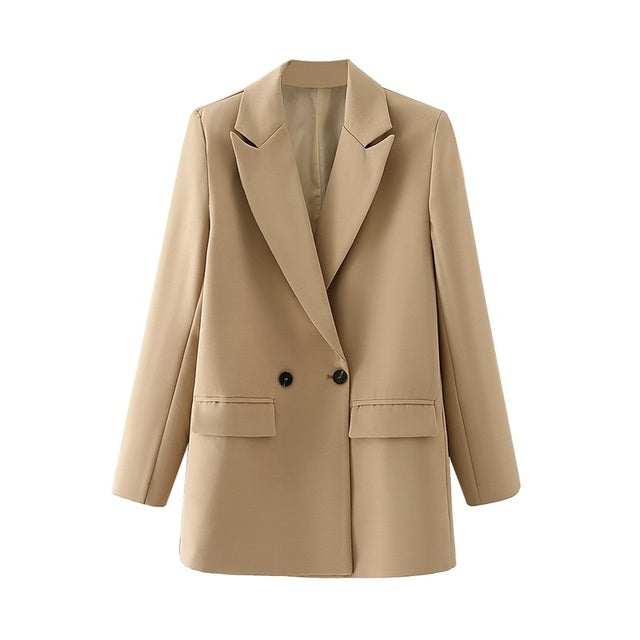 Tangada Women Khaki Blazer Coat Vintage Notched Collar Pocket 2022 Fashion Female Casual Chic Tops DA02