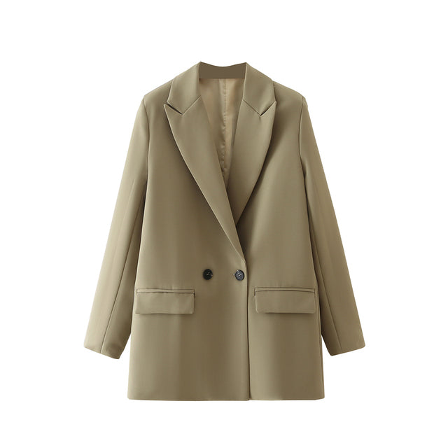 Tangada Women Khaki Blazer Coat Vintage Notched Collar Pocket 2022 Fashion Female Casual Chic Tops DA02
