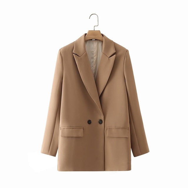 Tangada Women Khaki Blazer Coat Vintage Notched Collar Pocket 2022 Fashion Female Casual Chic Tops DA02