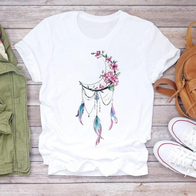 Women 2021 Summer Short Sleeve Dream Feather Fashion Print Lady T-shirts Top T Shirt Ladies Womens Graphic Female Tee T-Shirt