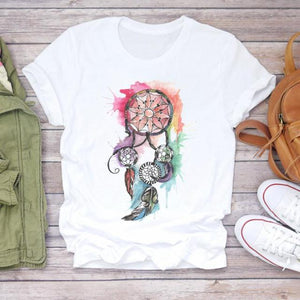 Women 2021 Summer Short Sleeve Dream Feather Fashion Print Lady T-shirts Top T Shirt Ladies Womens Graphic Female Tee T-Shirt