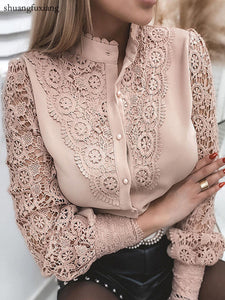 Women Sexy Lace Patchwork Hollow Out Shirt Blouse Long Sleeve O-Neck Mesh Design Tops 2022 Spring White Vintage Button Shirts