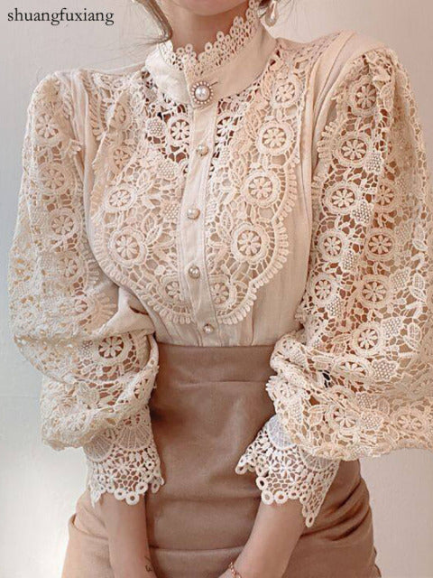 Women Sexy Lace Patchwork Hollow Out Shirt Blouse Long Sleeve O-Neck Mesh Design Tops 2022 Spring White Vintage Button Shirts