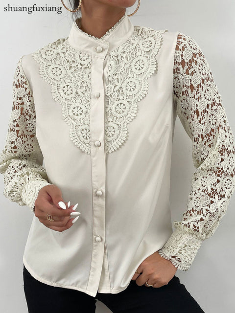 Women Sexy Lace Patchwork Hollow Out Shirt Blouse Long Sleeve O-Neck Mesh Design Tops 2022 Spring White Vintage Button Shirts