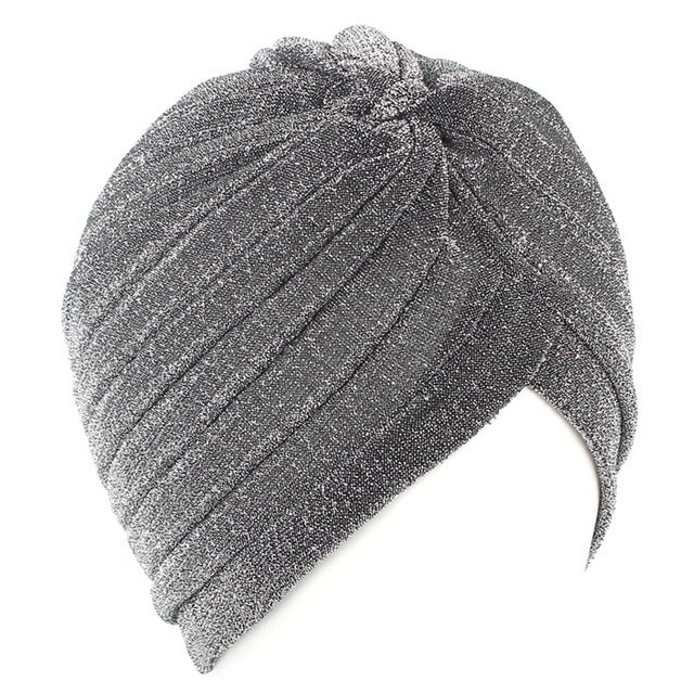 Women Shine Silver Gold Knot Twist Turban Headbands Cap Autumn Winter Warm Headwear Casual Streetwear Female Muslim Indian Hats