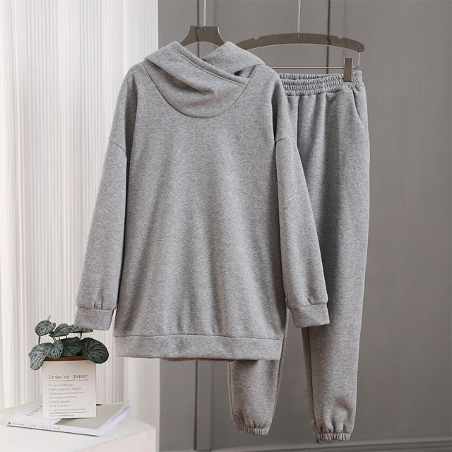 Women Solid Fleece Tracksuit And Hooded Jogger Pants Two Piece Set 2021 Autumn Winter Female Oversized Casual Sportswear Suit