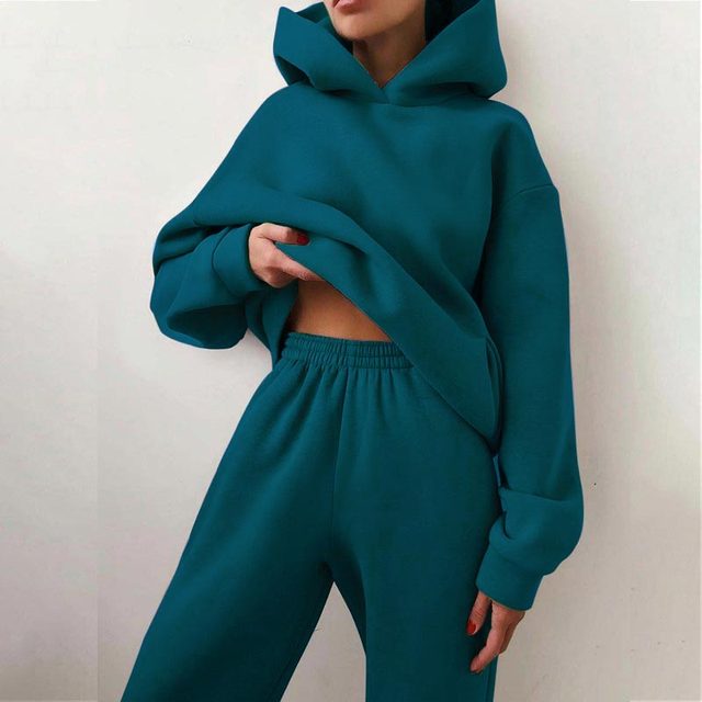 Women Solid Fleece Tracksuit And Hooded Jogger Pants Two Piece Set 2021 Autumn Winter Female Oversized Casual Sportswear Suit