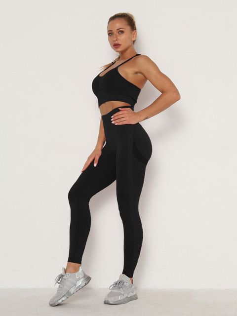 Women&#39;s Sets Skinny Tracksuit Breathable Bra Long Sleeve Top Seamless Outfits High Waist Push Up Leggings Gym Clothes Sport Suit